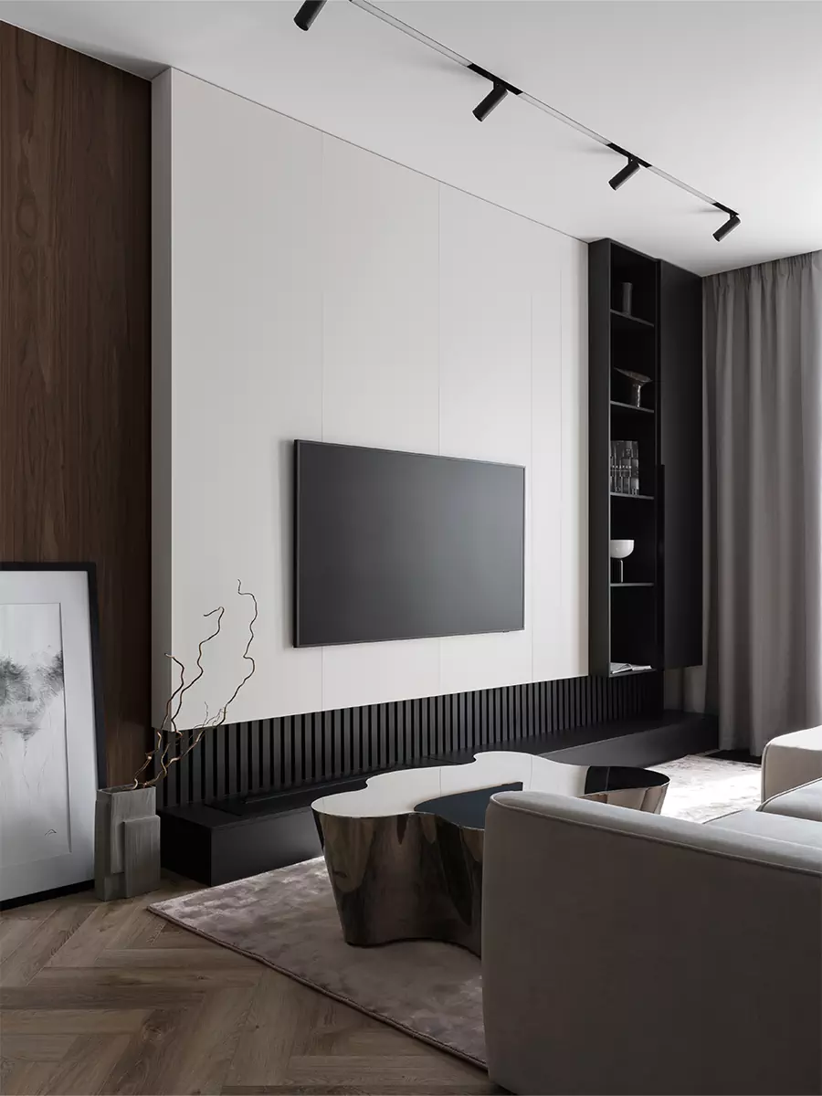 Монохромный интерьер квартиры с эффектным камином в гостиной — проект Яны Родзевич