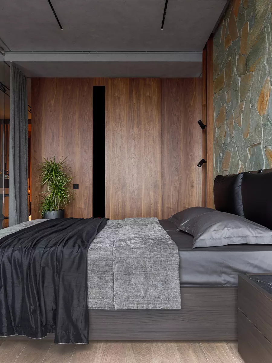 Акценты из природного камня в брутальном интерьере для холостяка — проект QUADRUM Studio