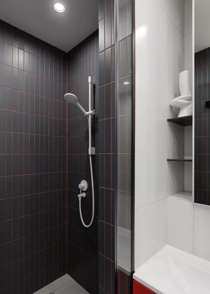 Проходная кухня и контрастные санузлы в интерьере квартиры для сдачи в аренду — проект Анастасии Павловской и Анастасии Курбатовой