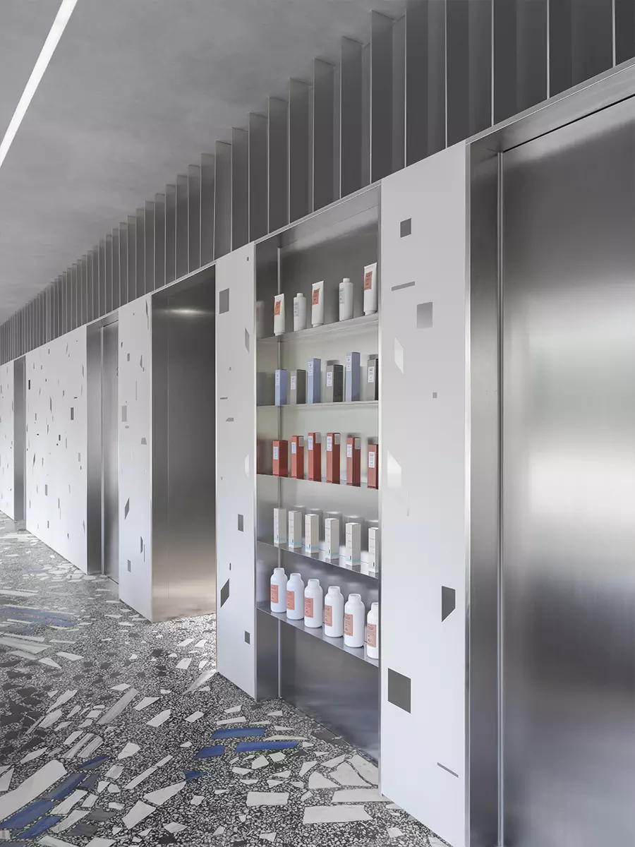 Футуристичный интерьер салона красоты с градиентным полом и деталями из стали — проект Елены Локастовой