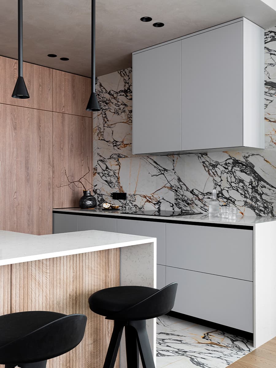 Стильный монохром и акценты из искусственного камня в интерьере квартиры с зимним садом — проект Анны Шаповаловой