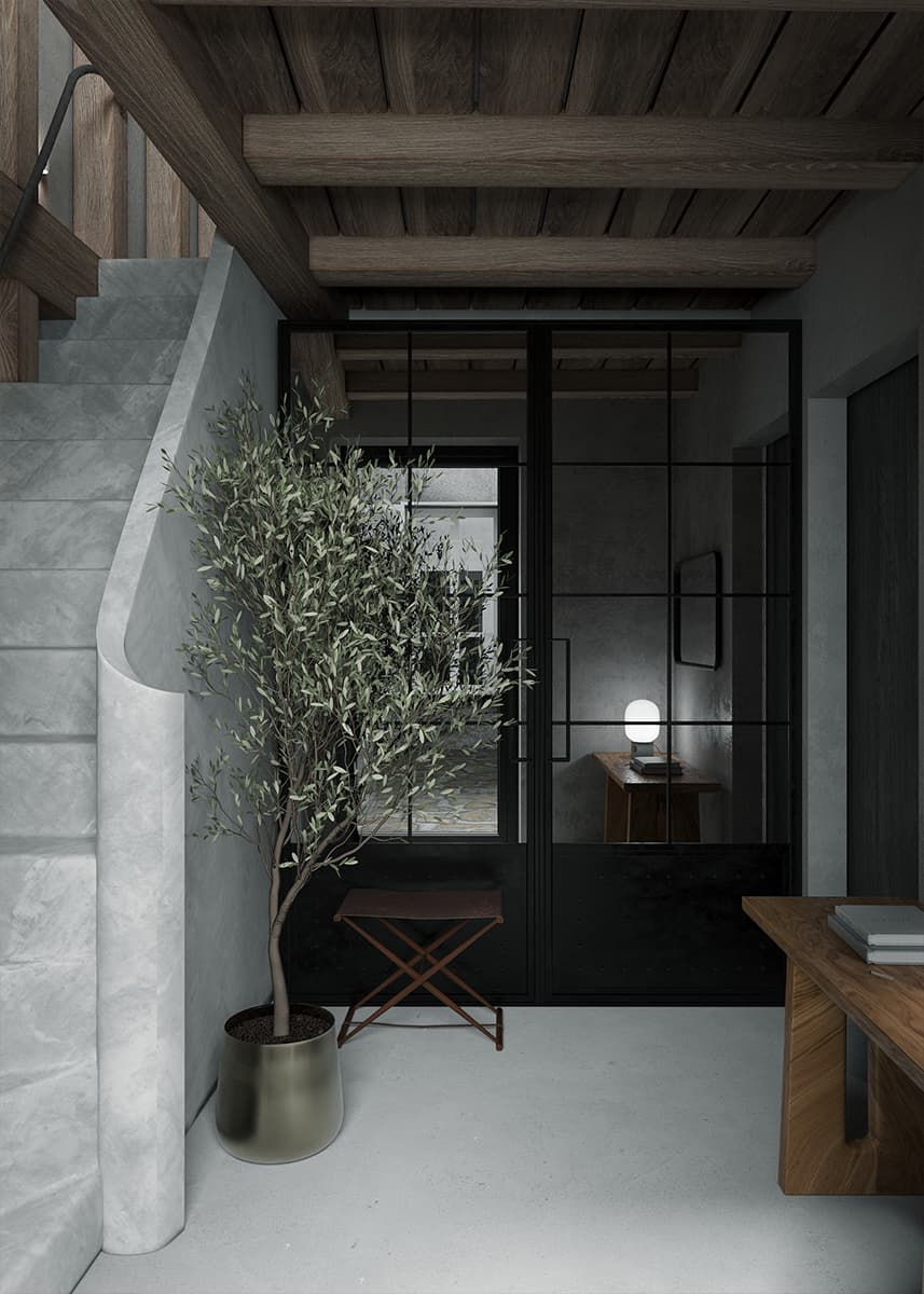 Брутальные фактуры и отсылки к модернизму в интерьере старинного парижского коттеджа — проект BRANCH STUDIO