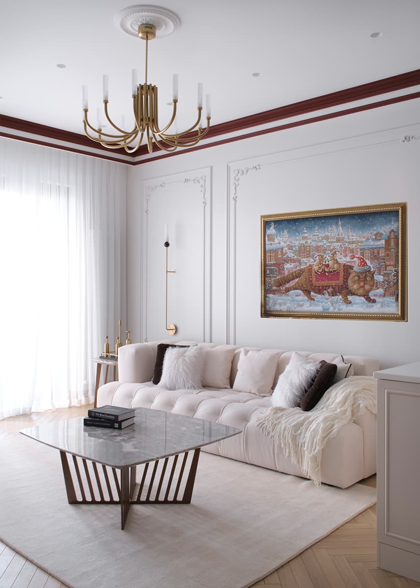 Умиротворяющий интерьер квартиры с акцентным санузлом и цветными молдингами — проект студии Pinterios