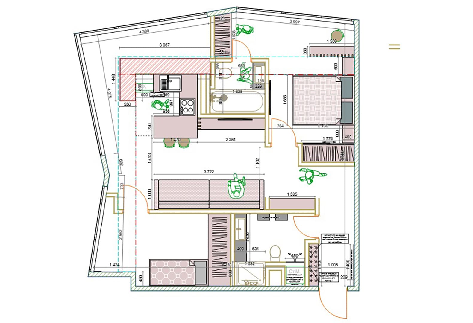 Компактная кухня и необычное зонирование в квартире в Алматы — проект Марины Сапуновой