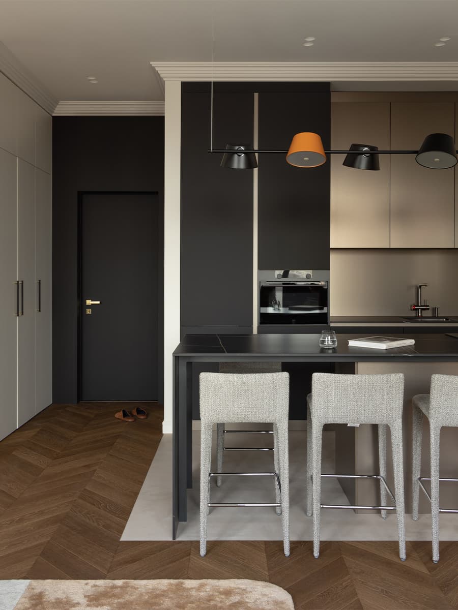 Интерьер отпускной квартиры с акцентами в фирменном оттенке Hermès — проект ADDAtelier