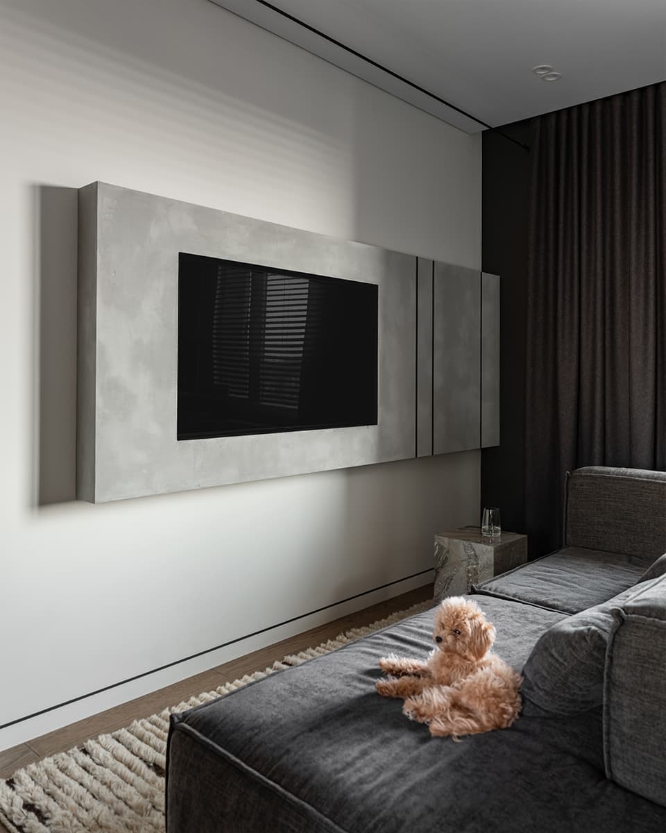 Интерьер квартиры со скульптурной стеной в гостиной — проект Евгении Гостевой и Оксаны Раскиной