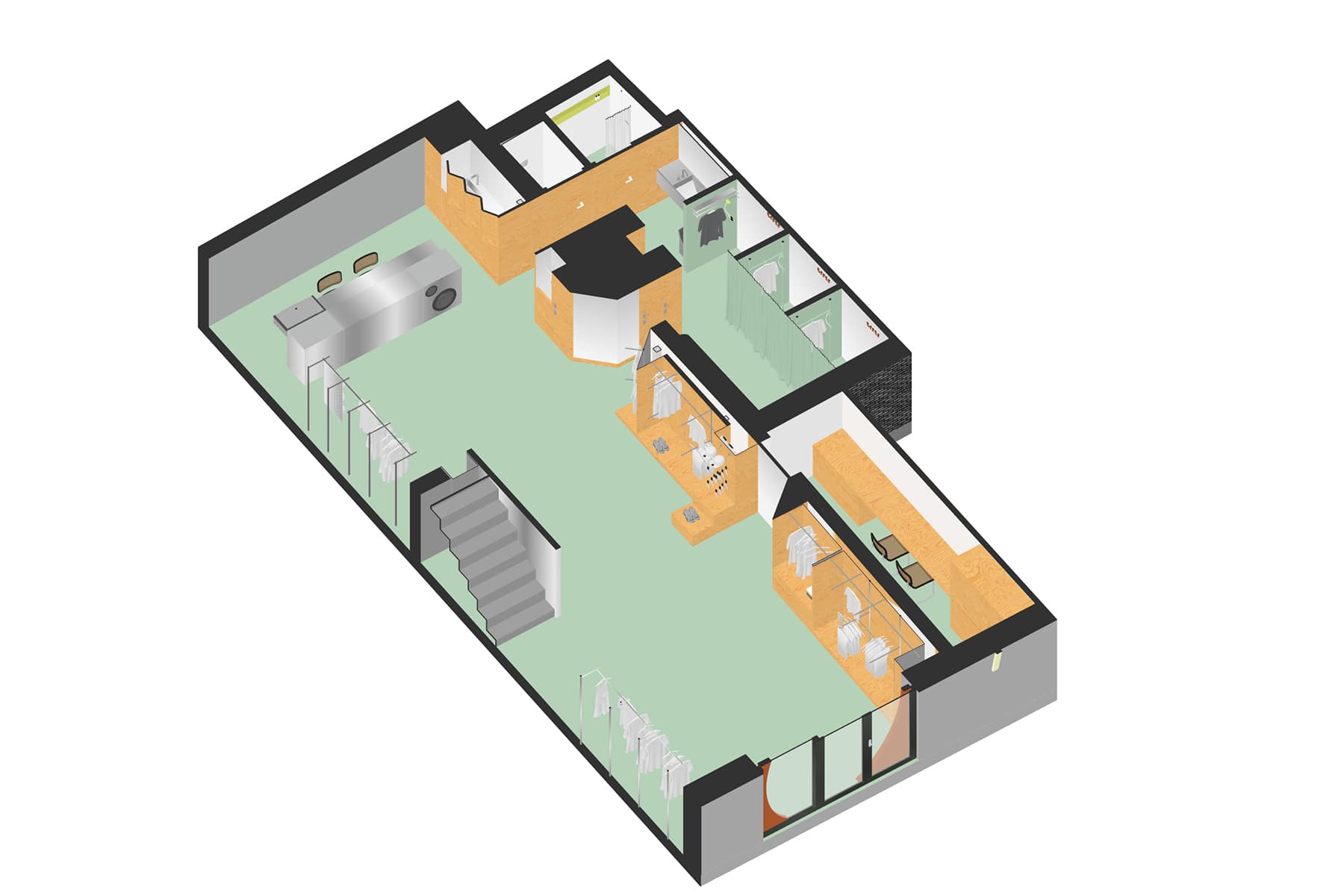 Хвойная фанера, металл и зеркала в интерьере магазина для бегунов — проект бюро .dpt