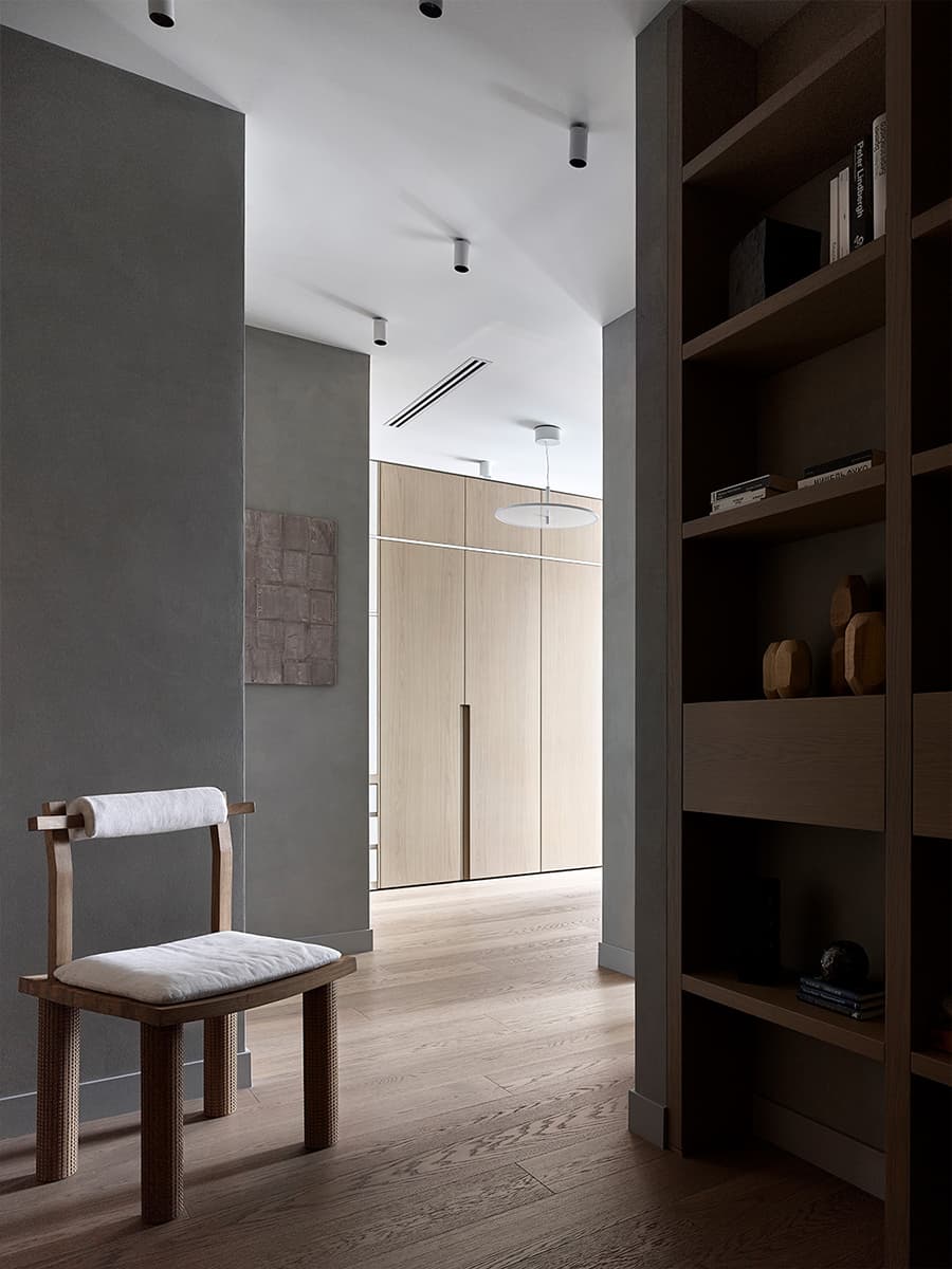 Эффектное изголовье из слэба в интерьере квартиры с необычной планировкой — проект MN Design