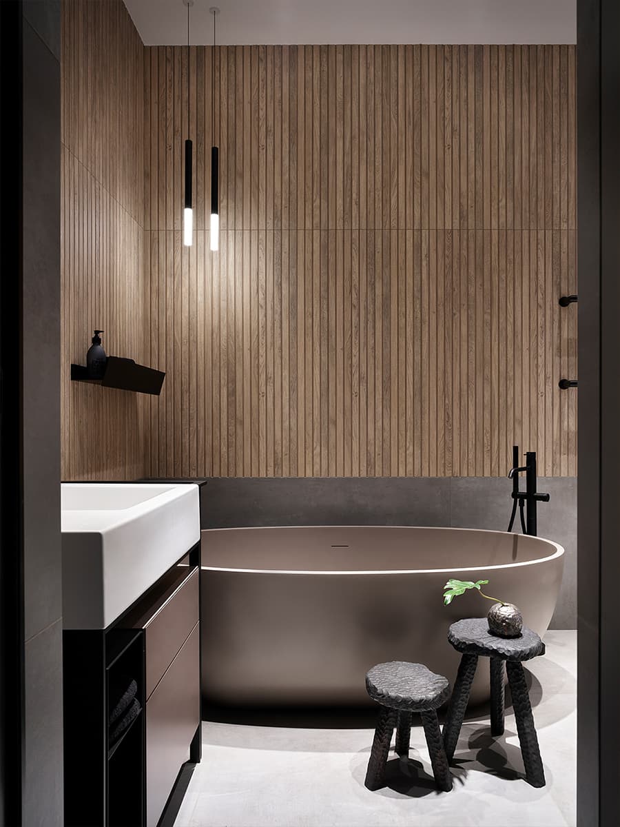 Эффектное изголовье из слэба в интерьере квартиры с необычной планировкой — проект MN Design