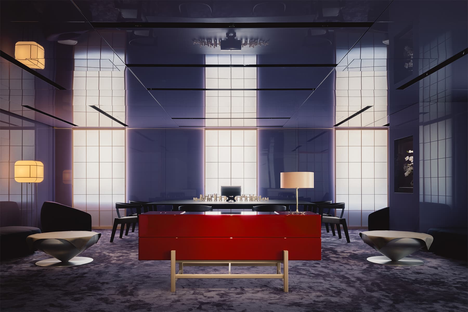 Глянцевый алюминий и глубокий сиреневый цвет в интерьере ритейл-пространства — проект Studio I IN