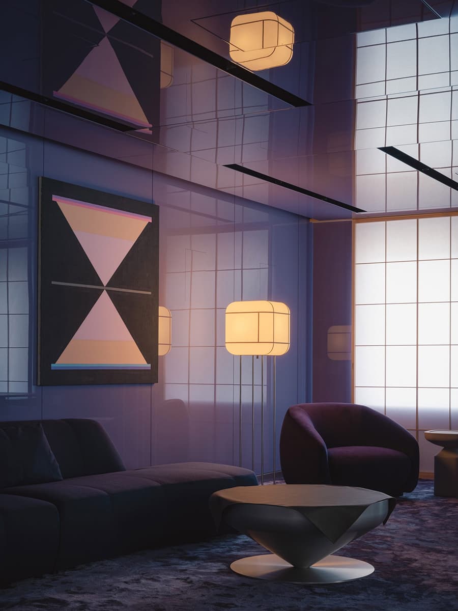 Глянцевый алюминий и глубокий сиреневый цвет в интерьере ритейл-пространства — проект Studio I IN