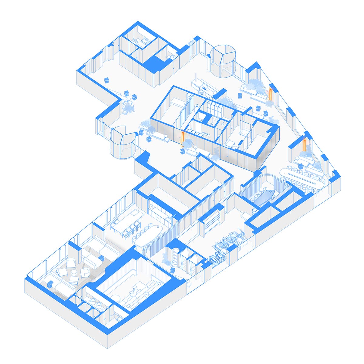 Холодные голубые оттенки, бетон и дерево в интерьере клубного дома — проект DA bureau