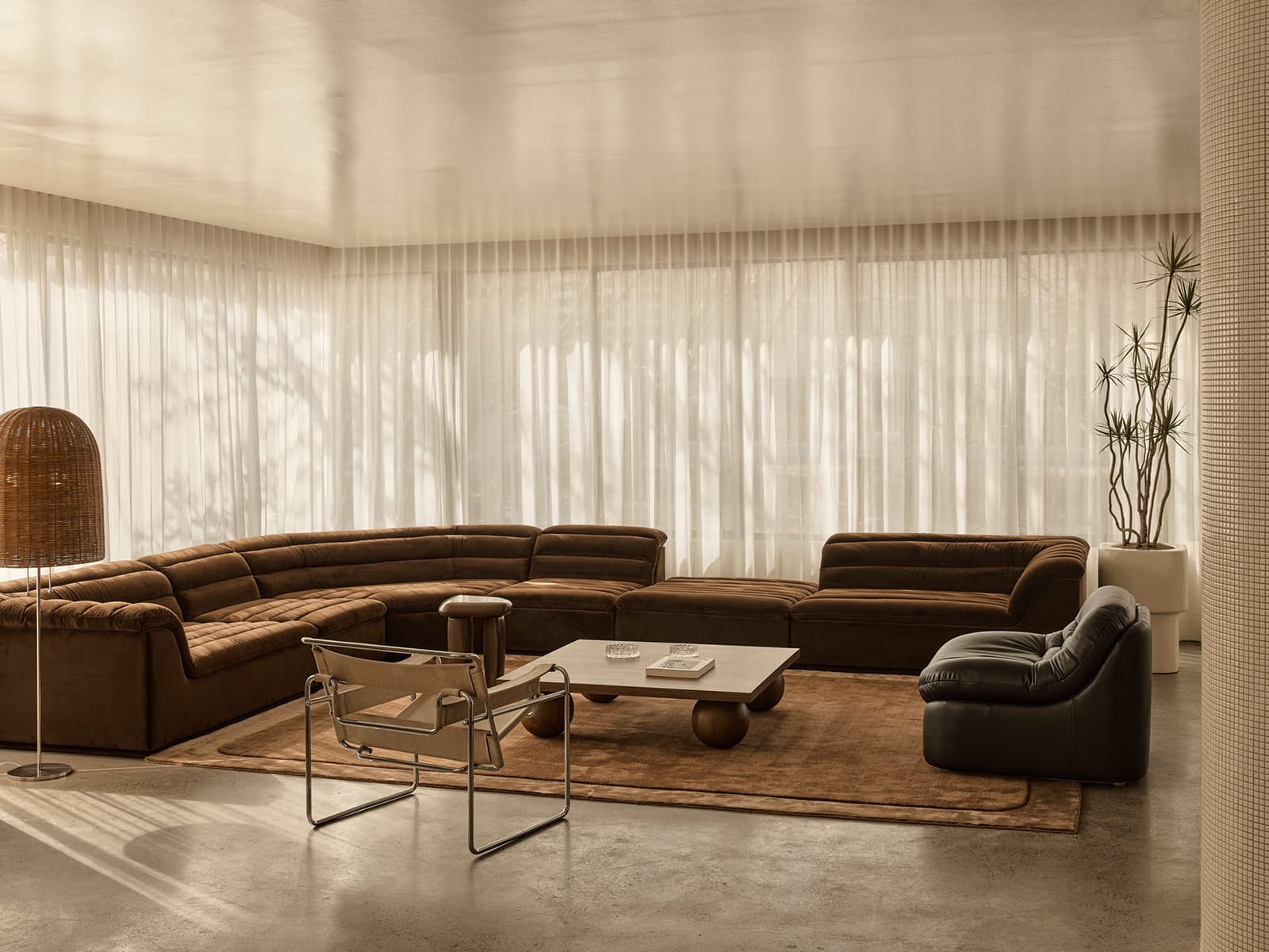 Четырехметровая пальма и лестница из стеклоблоков в интерьере австралийского шоурума — проект Ellison Studios