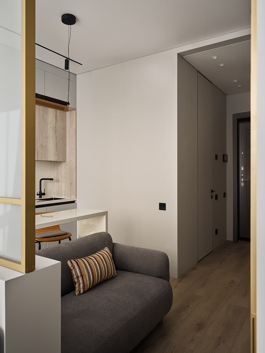 Золотистая перегородка со smart-стеклом в бутиковом интерьере квартиры — проект Ларисы Ермоленко