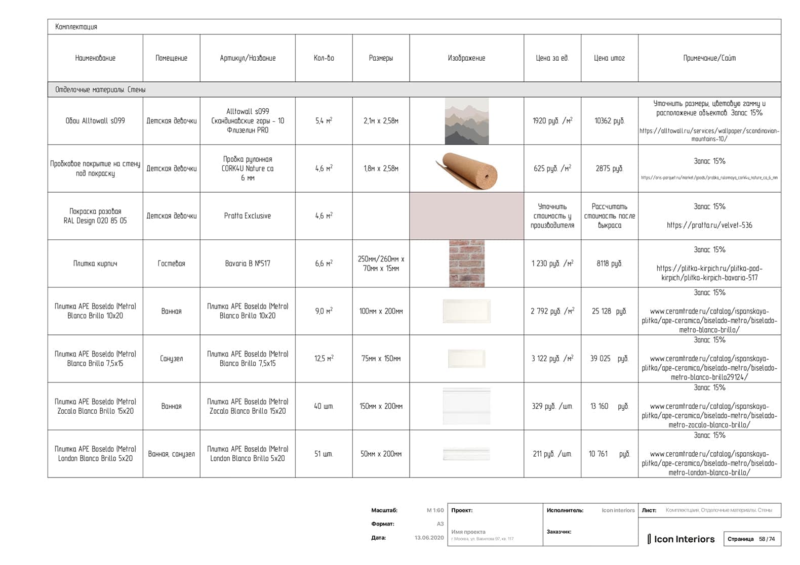 Ведомость отделочных материалов от бюро «Icon Interiors» (проект Вавилова, 97, Москва)