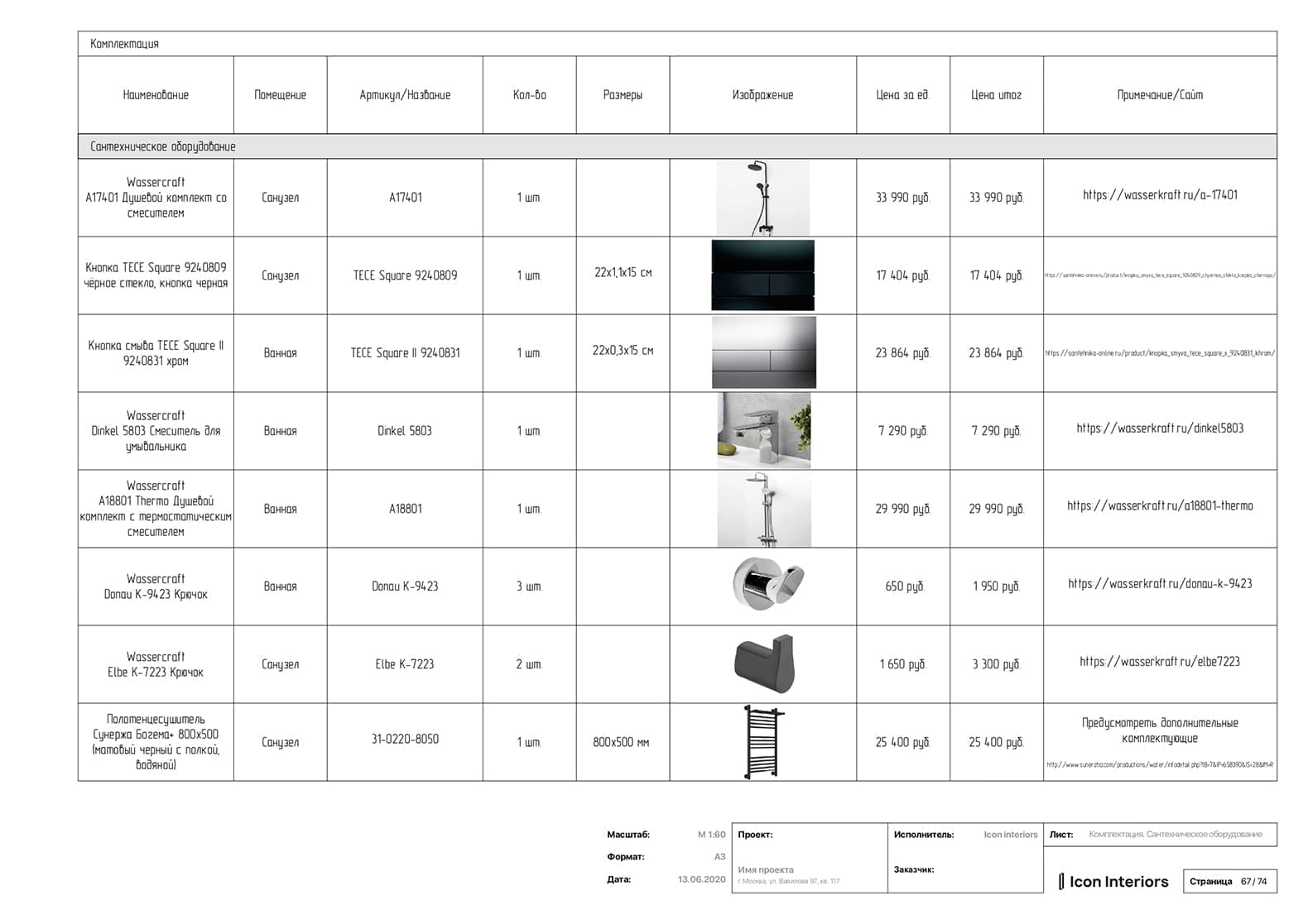 Ведомость отделочных материалов от бюро «Icon Interiors» (проект Вавилова, 97, Москва)