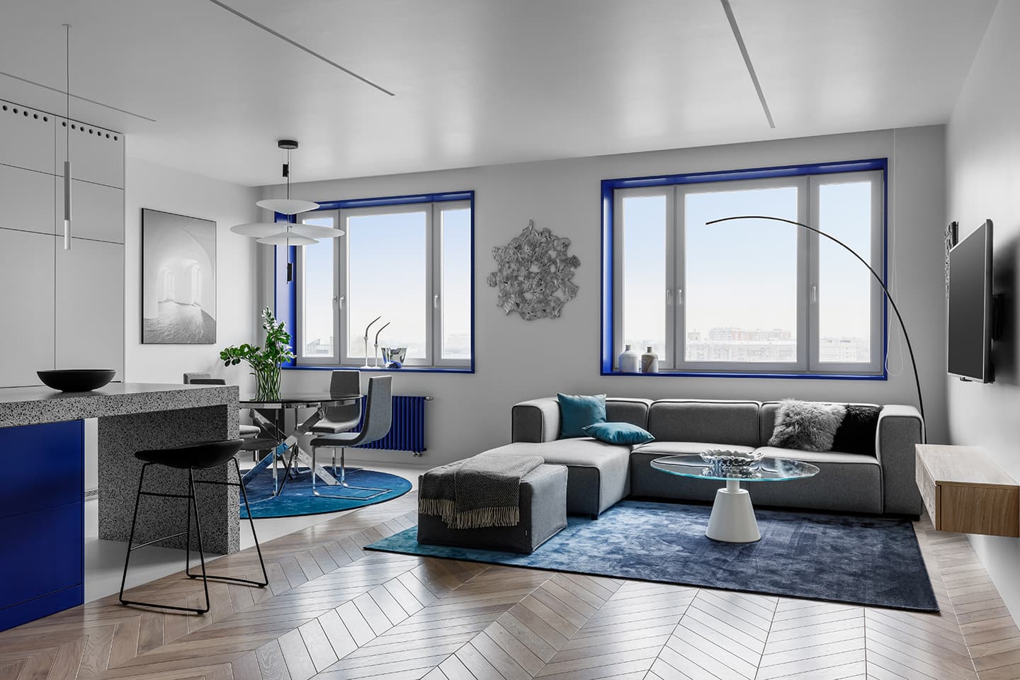 Доминирующий синий цвет в минималистичном интерьере — проект Рустэма Уразметова