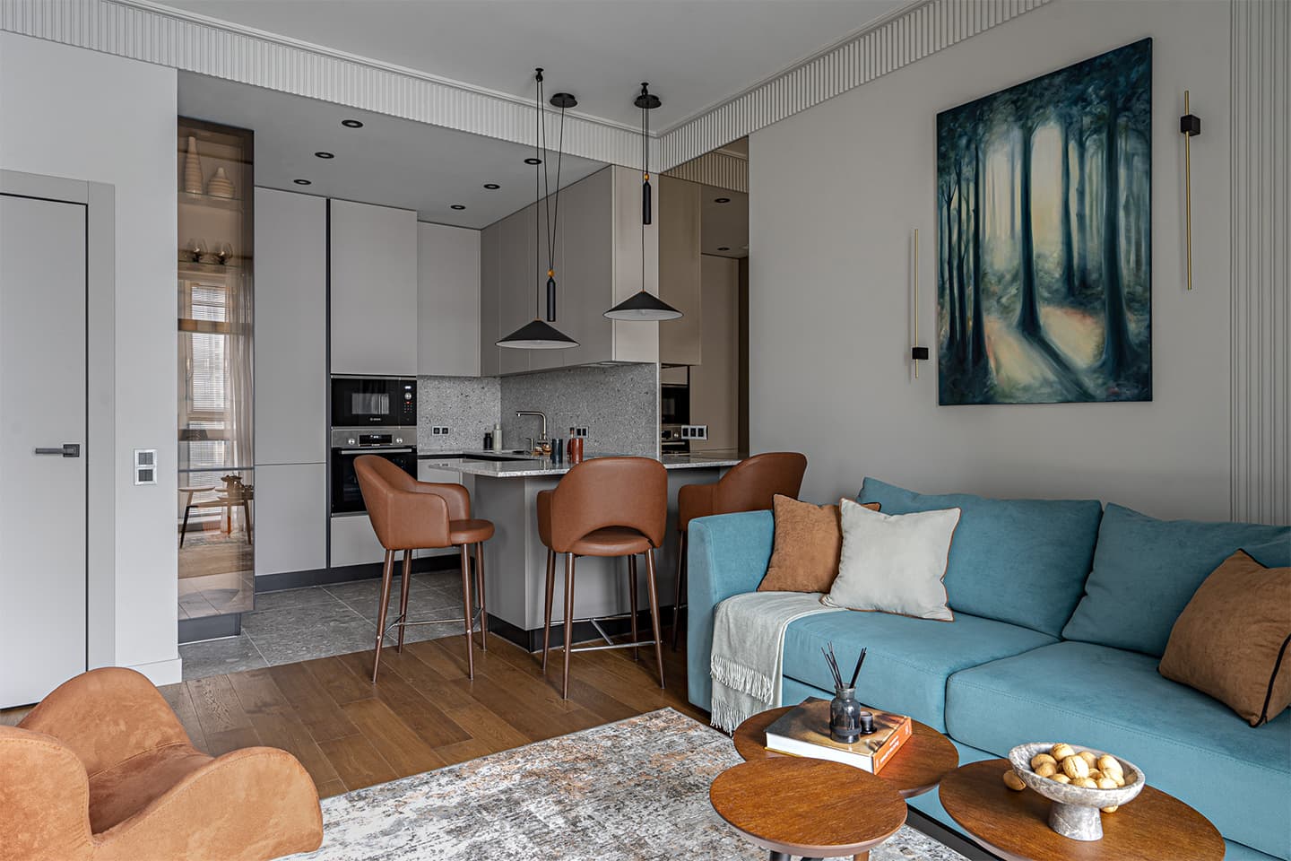 Графичные перегородки, стекло и дерево в интерьере для молодого человека – проект дизайн-студии Albina Muna