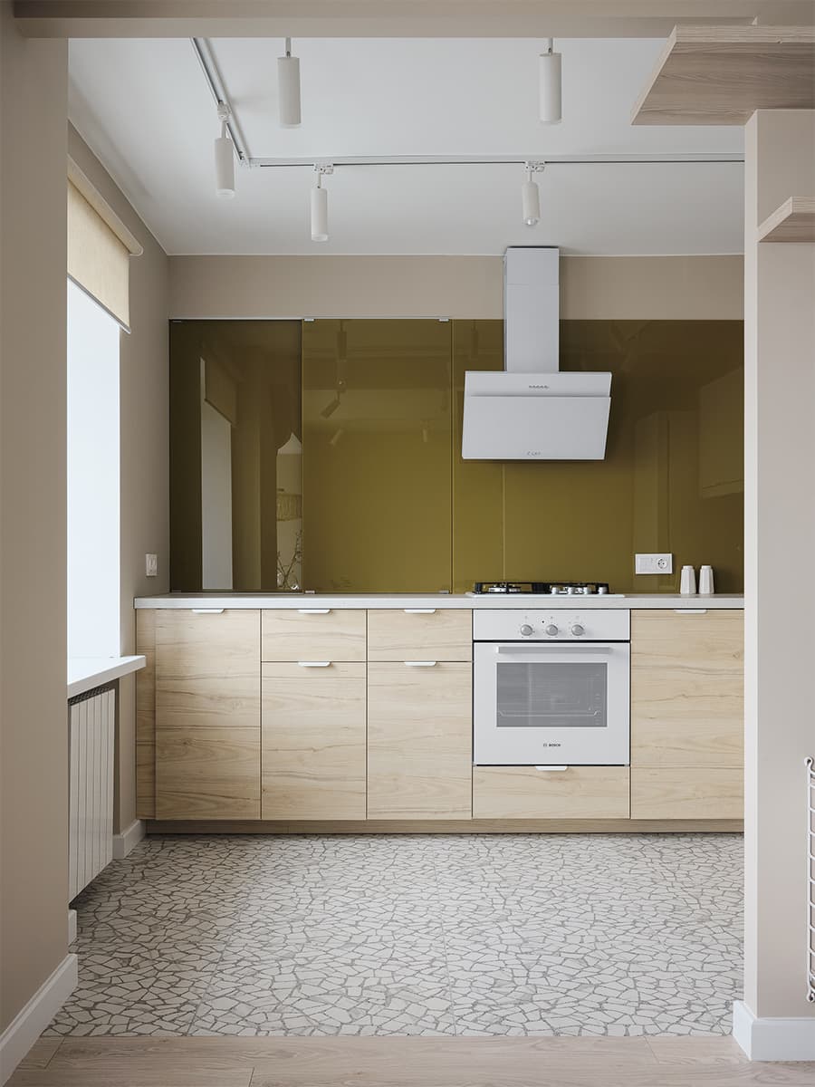 Светлый интерьер квартиры для сдачи в аренду с оливковыми и горчичными акцентами – проект LIVET Architects