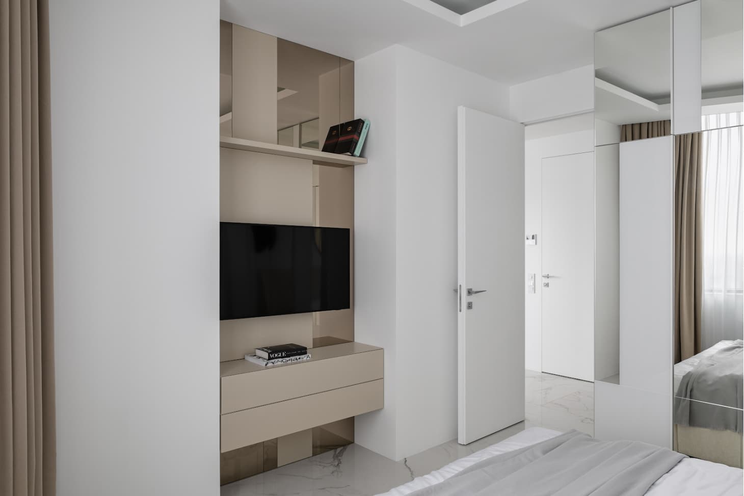 Интерьер видовой квартиры с эффектным светильником из кварцита — проект студии Alexander Tischler